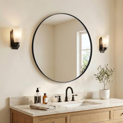 Image of ANDY STAR Black Round Mirror Bathroom Mirrors, 28 Inch Vanity Mirror with Rust-Poof SUS304 Frame, Matte Black Mirror for Living Room, Powder Room, Entryway