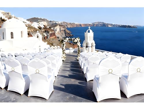 Image of White Chair Sashes 50 Pack with Gold Buckle Slider, Spandex Sashes for Folding Chairs Wedding Party Banquet Decor