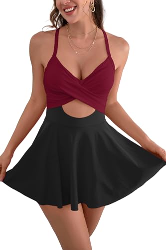 B2prity Women Cutout One Piece Skirt Swimsuit V Neck Wrap Tie Back Swimdress Tummy Control Bathing Suits