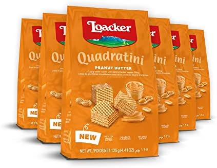 Loacker Quadratini Peanut Butter SMALL - Premium Crispy Bite Size Wafer Cookies with Peanut Butter Cream Filling - Resealable Pack - NON-GMO and 30% Less Sugar - Creamy Peanut Butter - SMALL Snack Bag, 125g/4.41oz, Multipack of 6