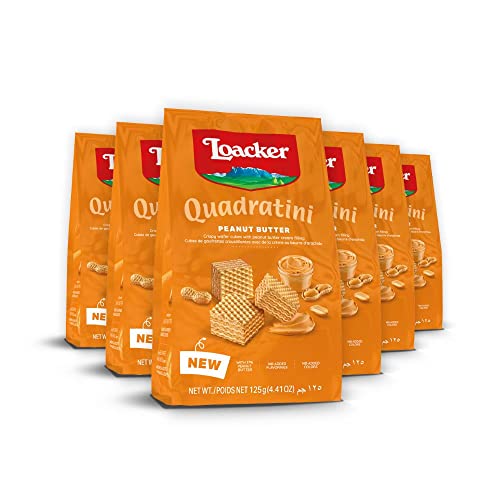 Loacker Quadratini Peanut Butter Small - Premium Crispy Bite Size Wafer Cookies With Peanut Butter Cream Filling - Resealable Pack - Non-Gmo And 30% Less Sugar - Creamy Peanut Butter - Small Snack Bag, 125G/4.41Oz, Multipack Of 6 #TOP2