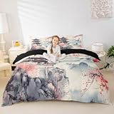 Ukiyo - Funda de edredón japonesa para niños y niñas, diseño de pintura de tinta, tamaño doble, juego de ropa de cama de flores de estilo japonés, colcha de paisaje de montaña
