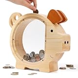 JCUKHA Wooden Piggy Bank for Kids, Cute Coin Bank Creative Saving Bank for Boys and Girls, Large Unbreakable Wood Money Bank, Personalized Wooden Money Gift Box for Child Birthday Christmas Decor