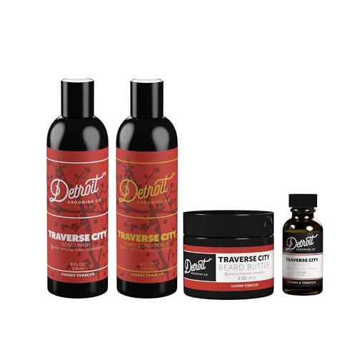 Detroit Grooming Co. Traverse City Beard Care Bundle – Beard Butter, Oil, Wash & Conditioner – Cherry & Tobacco Scent – Softer, Healthier Beard with Natural Ingredients