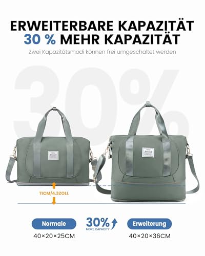 LOVEVOOK Ryanair Handgepäck 40x30x20, Erweiterbare Kleine Reisetasche Handgepäck Tasche für Flugzeug, Faltbare Cabin Travel Bag Weekender Carry On Luggage für Damen Herren, Grün