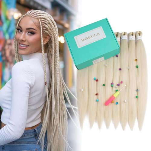 Roeula 613# Pre Stretched Braiding Hair 20 Inch 8 Packs Long Braiding Hair Pre Stretched Professional Prestretched Braiding Hair Synthetic Crochet Braids (613#Platinum Blonde 20 Inch (pack of 8))