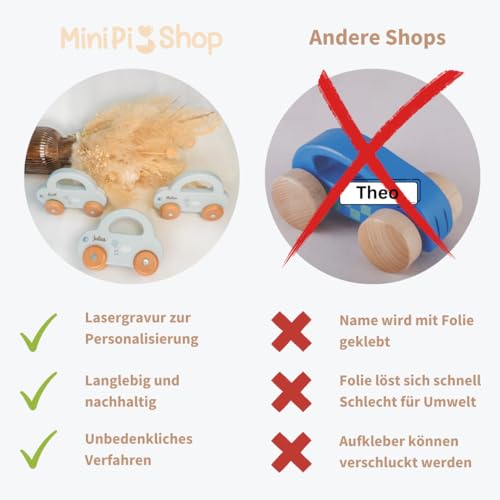 minipishop® Baby Geschenk personalisiert Junge Spielzeug Holzauto Blau I Erstes Auto mit Namen als Geschenkidee zur Geburt Holzspielzeug ab 1 Jahr