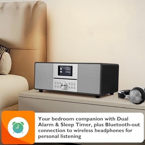 MangoKit MS4+ CD Player DAB Radio HiFi System I Bluetooth I Stereoanlage Kompaktanlage I Akustisches Holzgehäuse I CD Player mit Lautsprechern I 40 Presets,Kopfhöreranschluss I Metallisch Schwarz