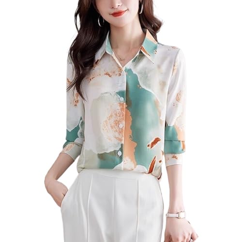 Printed Silk Blouse for Women,Spring Long Sleeve Shirt Top