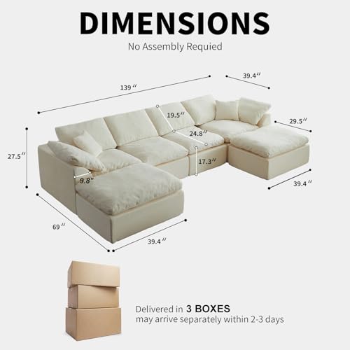 Image of Cloud Couch Sectional for Living Room, Modular L Shaped Boneless Sofa with Chaise, Compressed No Assembly Couch, Deep Seat Chenille Upholstered Convertible Sofa Bed (Beige) (139″‌ U-Shaped White)