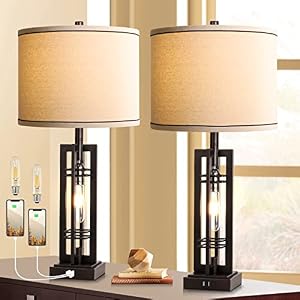 ROTTOGOON Set of 2 Table Lamps with USB Ports, 27.5″ Tall Farmhouse with 2 LED Nightlight Blubs, Bedside Lamp Oil Rubbed Bronze Off White Oatmeal Shade for Living Room Bedroom Home Office