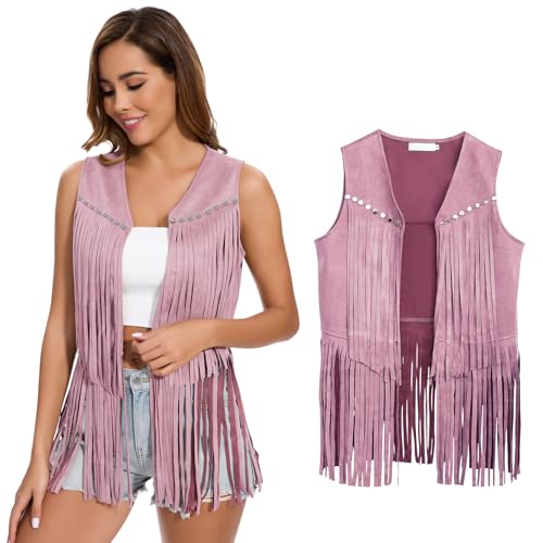 XonyiCos Damen Fringe Weste 70er Hippie Kostüm ärmellose Cowgirl Western Outfits Faux Wildleder Tassel Leder Oberbekleidung (DE/NL/SE/PL Alphanumerisch S Regular Regular Rosa Quaste Weste)