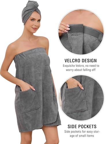 Image of Air Curvey Soft Wrap Towel for Women Lightweight Spa Body Wrap Shower Wrap Robe Adjustable Closure Bathrobe with Pocket Gray XL