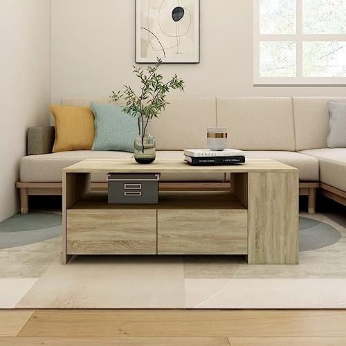 ZQQLVOO Table basse rustique en chêne Sonoma en bois massif avec tiroirs et étagère 102 x 55 x 42 cm