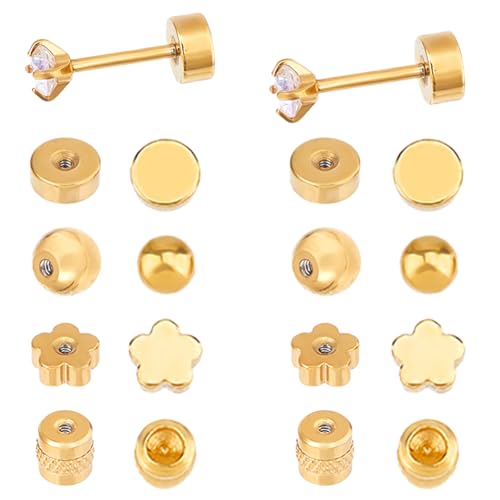 Hobbspring 2 Pairs Flat Earring Backs Stainless Steel Earring Backs Replacements Locking Pin Back Metal Screw Earrings Back Golden Round Flower Column Stud Earrings Findings for Women Men