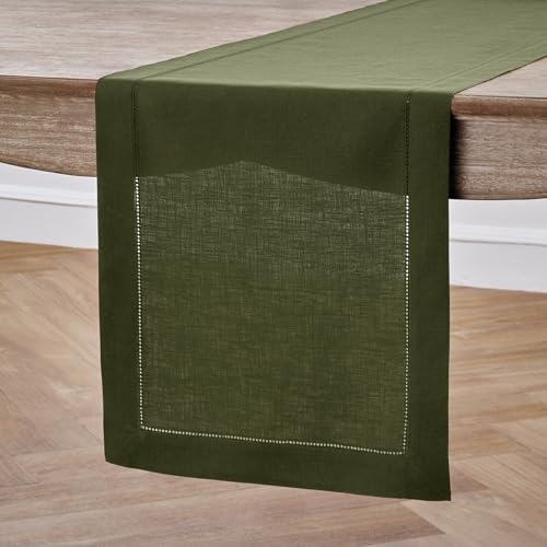 image for Solino Home Linen Table Runner 60 Inches - 100% Pure Linen Olive Hemst