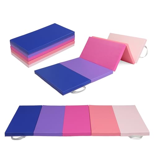 Bonnlo Folding 5-fold Gymnastics Gym Exercise Aerobics Mat, 192cm x 76cm x 4cm with Carrying Handles, PU Leather Tumbling Mats for Stretching Yoga Cheerleading Martial Arts (Pink,Blue Gradient)