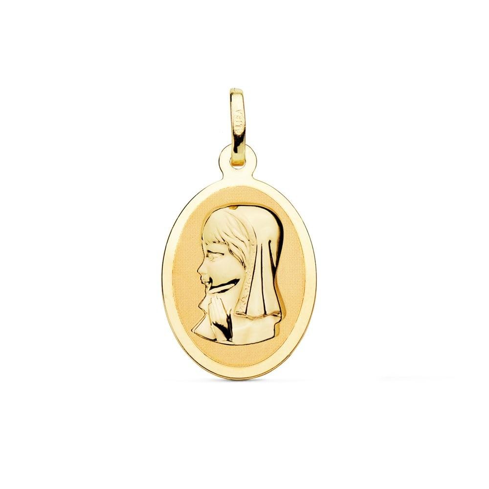 Virgen Niña Medalla en Oro de 18k para Primera Comunión de 21mm. con forma ovalada