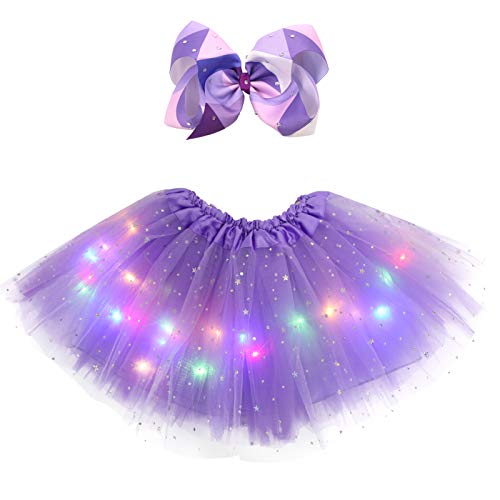 Wastreake Girl Tutu Skirts, Magic Light Princess Led Dancing Tulle Skirts With Hair Bow Purple, Small #TOP17