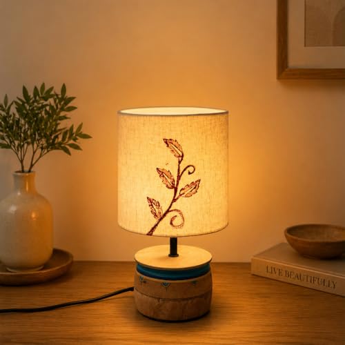 Image of Amazon Basics Kashida Floral Table Lamp | Wooden Base with Embroidered Floral Fabric Shade | E14 Holder | Decorative Night Lamp for Bedroom, Living Room & Study Room | Home Decor Gift
