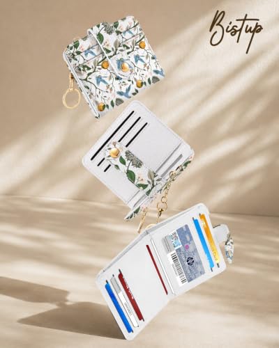 Image of Bistup Small Card Wallet for Women with Keychain, Lemon & Bird | durable material, clear ID window,, compact design for daily carry, sturdy keychain, aesthetic