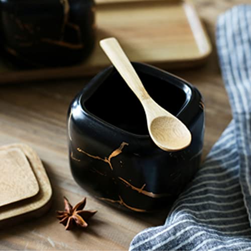 Dicunoy Ceramic Salt And Sugar Container, Condiment Jars With Lids And Spoons, Marble Seasoning Spice Pots Bowl, Pepper Sellar With Wooden Tray For Serving, Counter, Home, Kitchen #TOP7