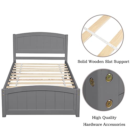 Klwenas Maec Wood Twin Size Platform Bed Frame with Headboard&Footboard for Kids,Twin Mattress Foundation Sleigh Bed with Wood Slat Support,No Box Spring Needed (Gray, Twin) - Thumbnail 4