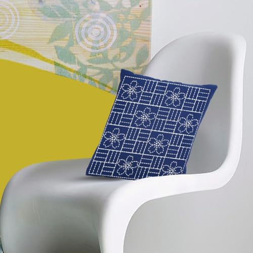 Image of WEBEEDY DIY Sashiko Pillowcase Template Set for Traditional Japanese Sashiko Pattern Fabric Pillowcase Embroidery Kit Stitching Sashiko with Video Instructions for Home Sofa Decor, 15.7x15.7inch