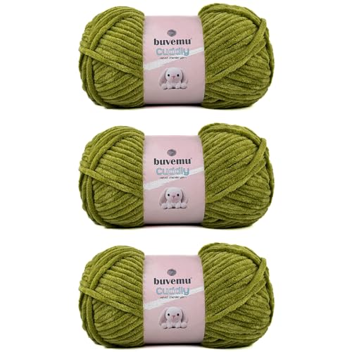 Image of Cuddly Velvet Chenille Yarn, Super Soft Fluffy Bulky for Knitting Crocheting Blanket Amigurumi, Durable for Shedding, 100 Gram (3.53 Ounces) 109 Yards (100 Meters) (Moss) (3 Skeins)