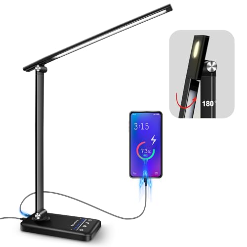 LED Desk Lamp, Cordless Reading Table Lamp with USB Charging Port, 5 Colour Modes & 7 Brightness Levels, Night Light, Timer, Memory Function, Battery Led Desk Light Office Lamp for Study, Work (Black)