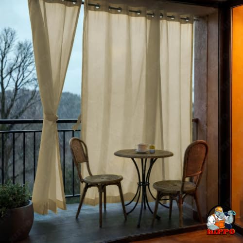 Image of HIPPO HDPE Coated Waterproof Outdoor Balcony Curtain 260 GSM - Rain, Sun & Dust Protection Light Filtering Curtains for Home, Garden, Veranda & Hotel (4 Feet X 4.5 Feet, 2IN1 Ivory-Glow, 1 PC)