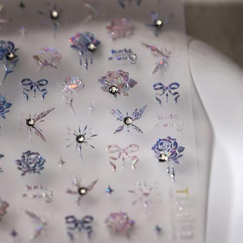 Image of Rose Nail Art Stickers 5D Embossed Nail Decals Rhinestone Nail Art Design Ombre Flower Nails Stickers for Nails Art Supplies Charm for Women Manicure DIY Decorations Accessories
