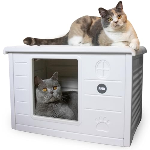 RHRQuality Katzenhaus Villa de Luxe – Für drinnen und draußen – Wetterfest und transportabel – Mit XL-Eingang (22 x 26 cm) – Weiß