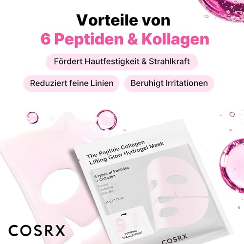 COSRX The Peptide Collagen Lifting Glow Hydrogel Gesichtsmasken Hautpflege 3 Stück, Kollagen Gesichtsmaske, Reise-Essentials, Overnight Gesichtsmaske, Korean Skincare