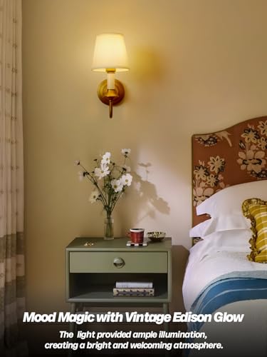 Image of Vintage Fabric Wall Sconce Light with Curved Arm, Rustic Linen Cloth Wall Light Fixtures, Hardwired Brass Wall Mounted Lamp for Bathroom Vanity Bedroom Living Room