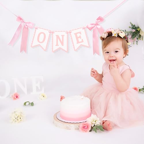 Image of Bow First Birthday High Chair Banner - Pink Bow 1st Party Decoration,Coquette First High Chair Banner,Coquette One Birthday Photo Prop (bow 1st)