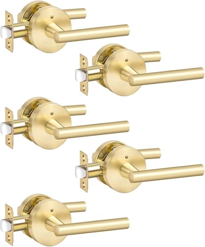 Image of Goldenwarm 5 Pack Gold Door Handles Interior, Brushed Gold Privacy Door Levers for Bedroom Bathroom, Heavy Duty Reversible Keyless Door Lever Left Right Handing