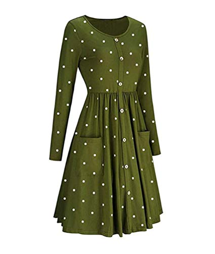 Teeuiear Women's Pleated Autumn Winter Polka Dot Print Button Down Dress Loose Swing Casual Tunic Cocktail Long Sleeve Dresses with Pocket (XL, Army Green)