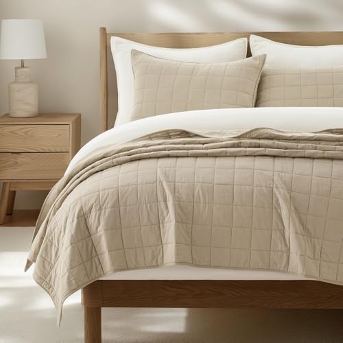 EVERGRACEHOME 100% Cotton Box Stitch Quilt Set, Queen Size, Pebble Khaki
