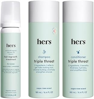 hers Triple Threat Shampoo, Conditioner, & Minoxidil Set - Includes 5% Minoxidil Foam Solution - Hair Thickening & Strengthening Formula - Paraben-Free, Vegan, Color-Safe - 3 Count