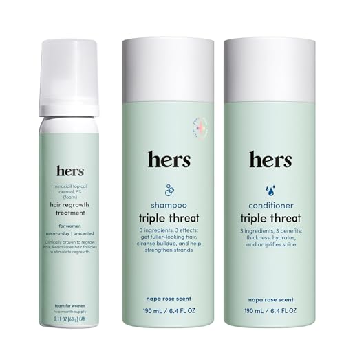 hers Triple Threat Shampoo, Conditioner, & Minoxidil Set - Includes 5% Minoxidil Foam Solution - Hair Thickening & Strengthening Formula - Paraben-Free, Vegan, Color-Safe - 3 Count