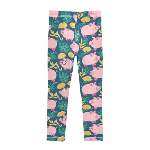 Pink Cartoon Pigs Girls' Leggings Toddler Doodles Colorful Green Leaves Kids Yoga Pants Dance Active Tights 4T2