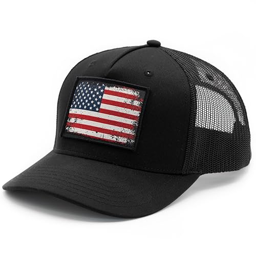 Image of MASHBILL Trucker Hat with Distressed American Flag Patch - Adjustable Snapback Patriotic Cap for Men Women