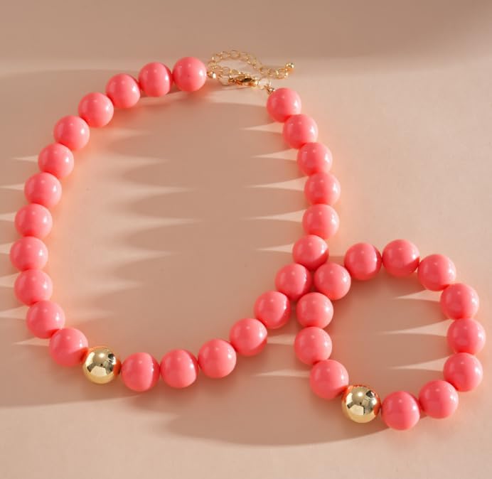 XAM Chunky Colorful Acrylic Round Beaded Choker Necklace, Minimalist Golden Ball Strand Necklace, Casual Summer Vacation Jewelry For Women image 4
