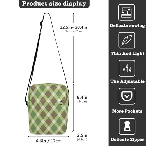 small messenger bag for women mens crossbody Women's Purse Adjustable Strap for business business- Plaid Green Yellow White Brown3