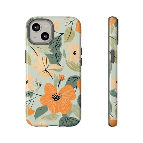 Coque iPhone 14 rigide brillante motif fleurs orange pêche amovible