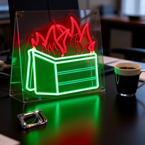 Image of Dumpster Fire Neon Sign, Red Flames & Green Dumpster, 12.8 inchx13.1 inch | LED Wall Art, Dimmable with 3-Button Controller, Includes Hooks, Chain & Wall Anchors, Sarcastic Gift for Women