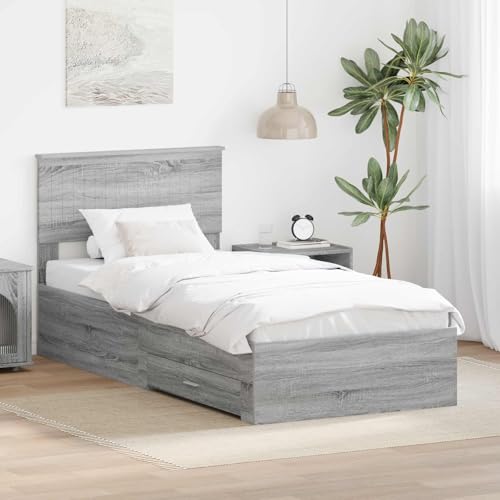 Tonture Marco de cama con cabecero Sonoma gris, 90 x 200 cm, madera, cama individual, espacio de almacenamiento, dormitorio moderno