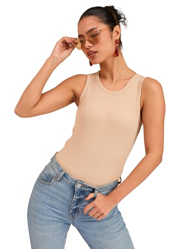 Image of barcino Beige Ribbed Round Neck Tank Top