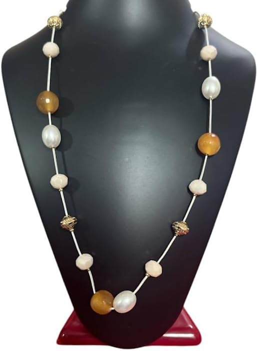 Long Length Pearl and Amber Beaded Necklace with Gold-Tone Accents and Pink Cord for Women